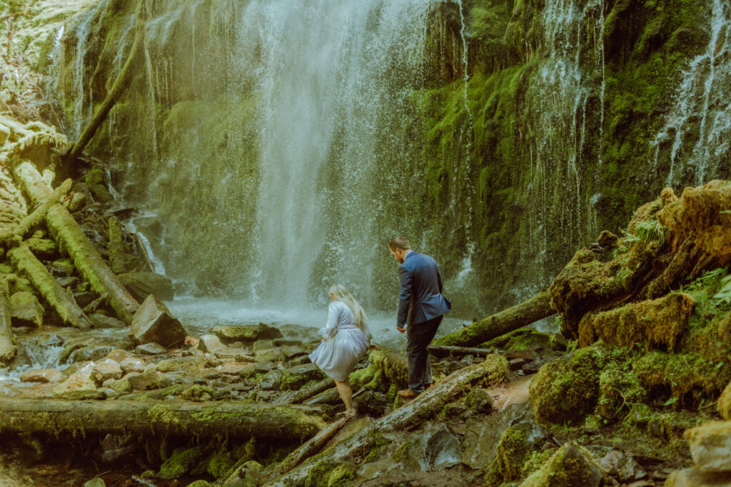 destination waterfall elopements with bride and groom