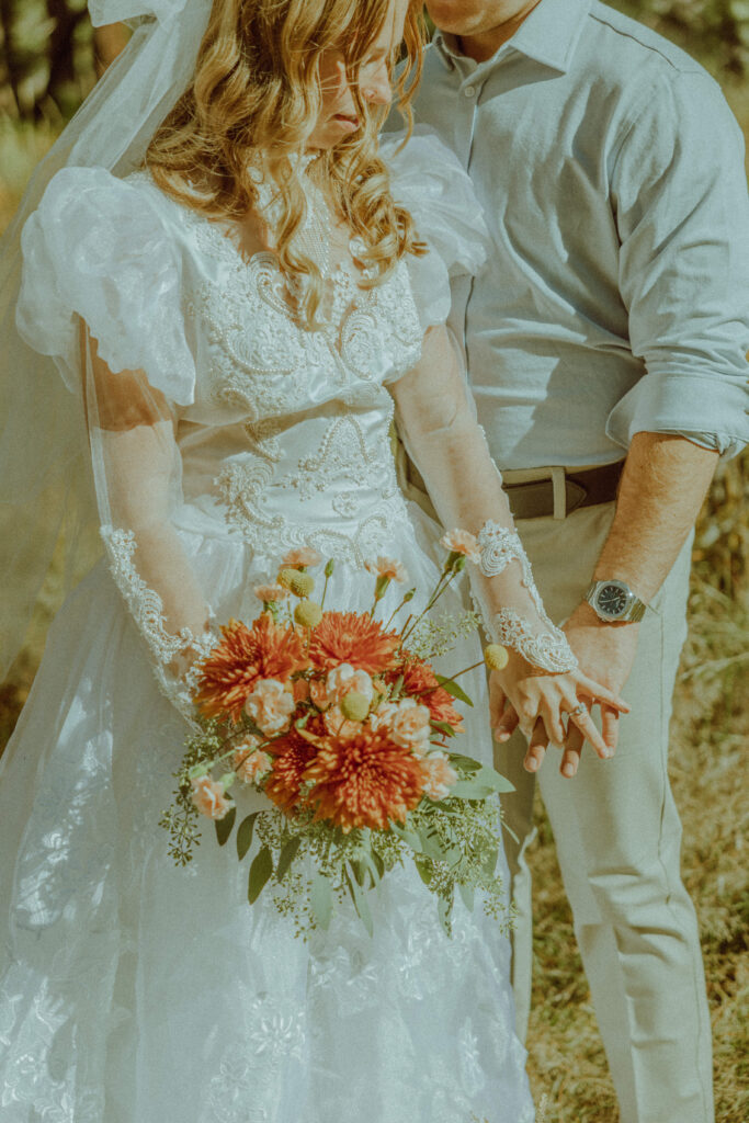 details of vintage thrifted wedding dress in yosemite national park 