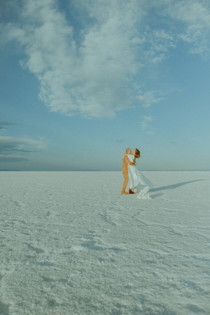 bride and groom destination elopement at the salt flats in utah 