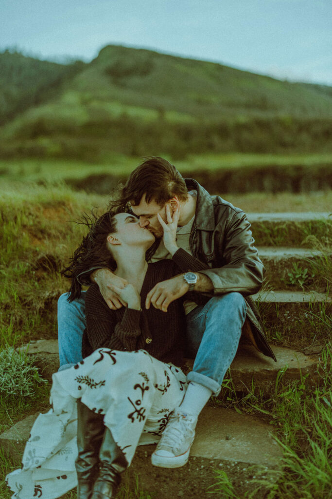 engaged couple at their oregon engagement session on the gorge