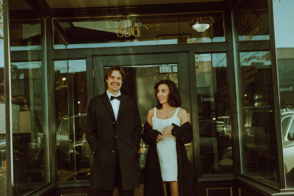 bride and groom smiling for engagement photos in bend oregon