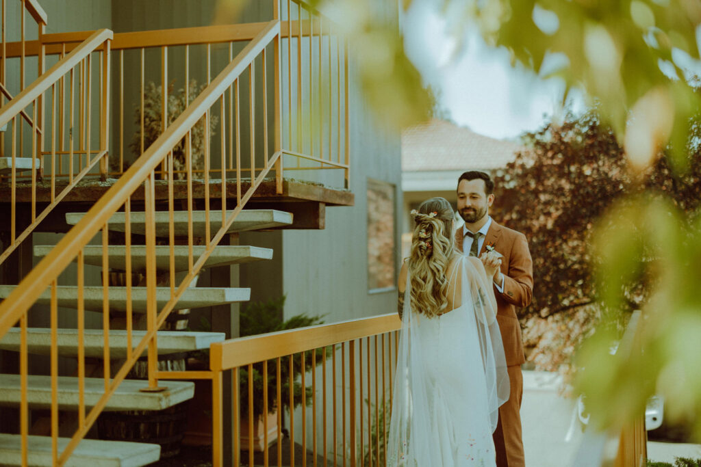 bride and groom at the campfire hotel in bend oregon 