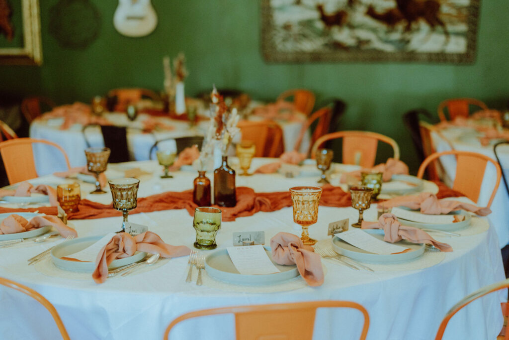 tablescape at eclectic wedding at campfire hotel in bend oregon