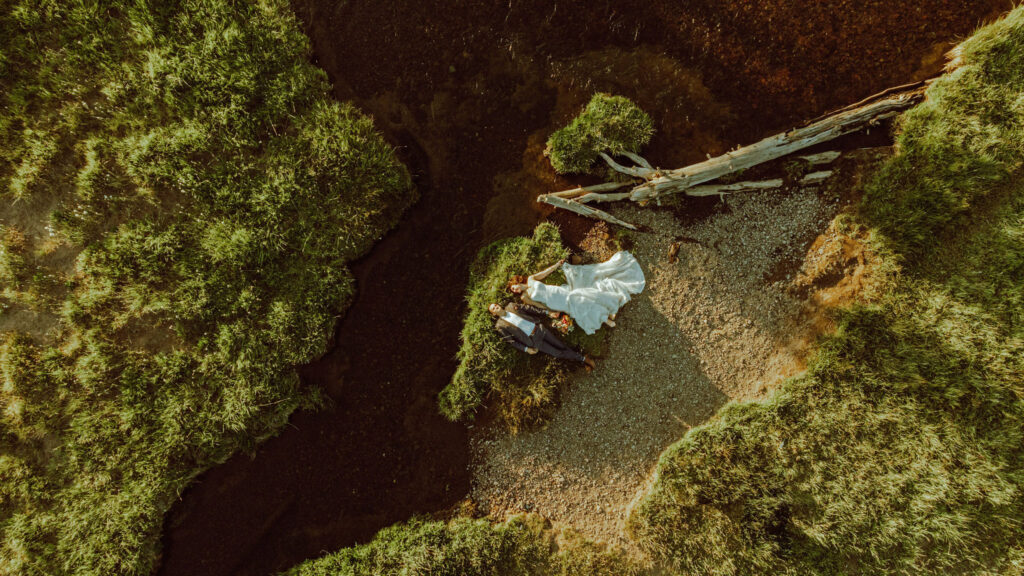 drone photo of bride and groom eloping at sparks lake oregon 