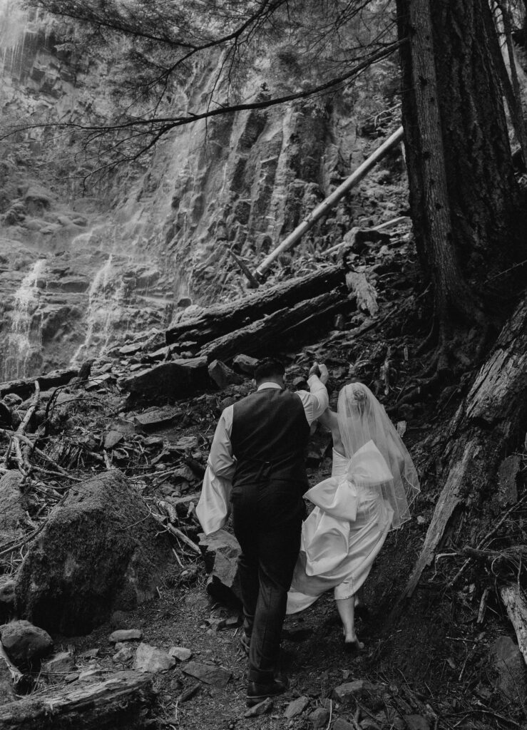 bend bride and groom at their proxy falls elopement in oregon 