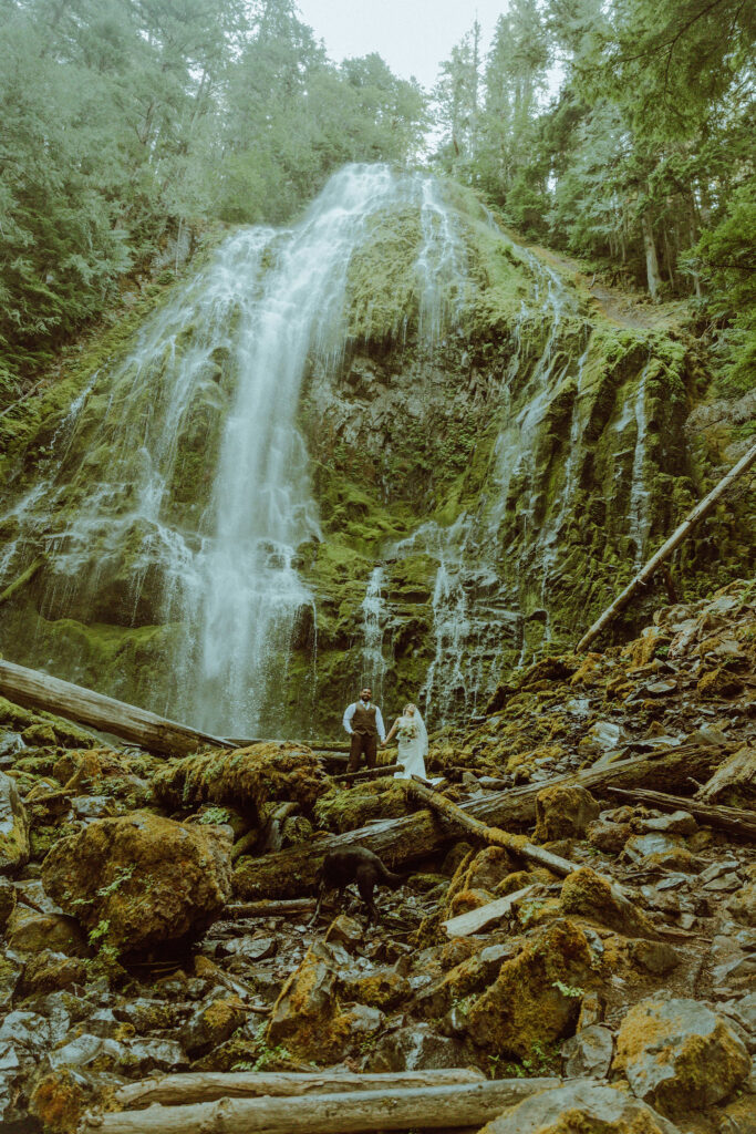 bend bride and groom at their proxy falls elopement in oregon 