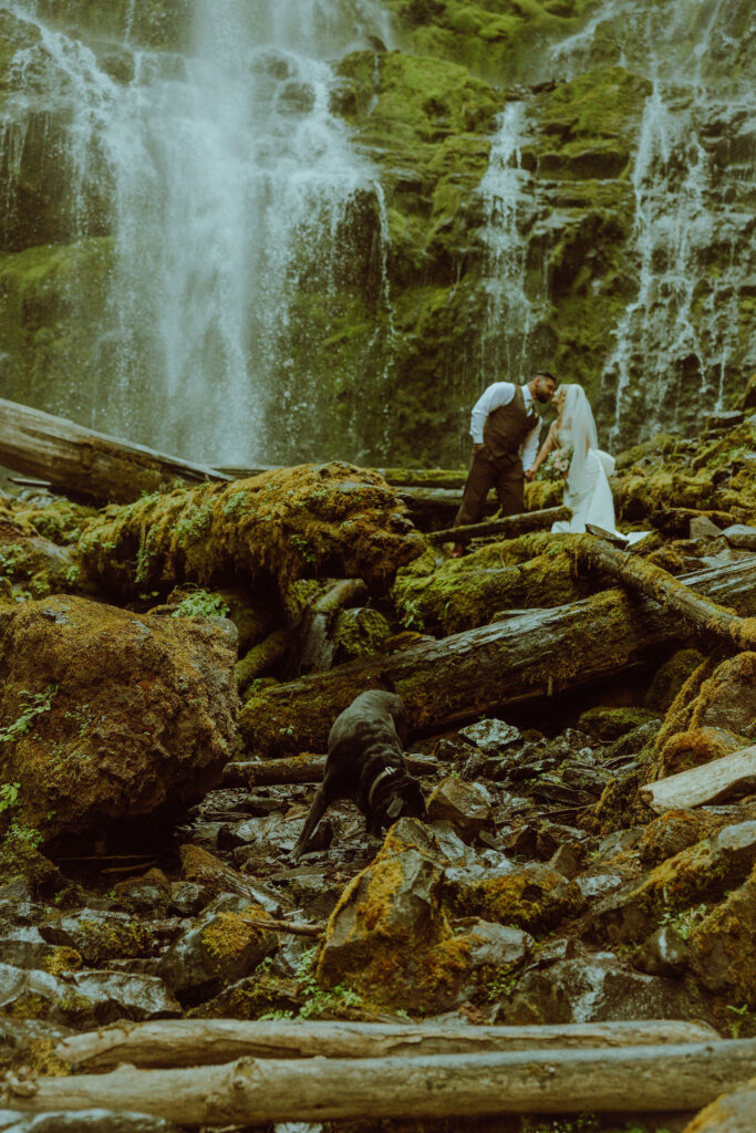 bend bride and groom at their proxy falls elopement in oregon 