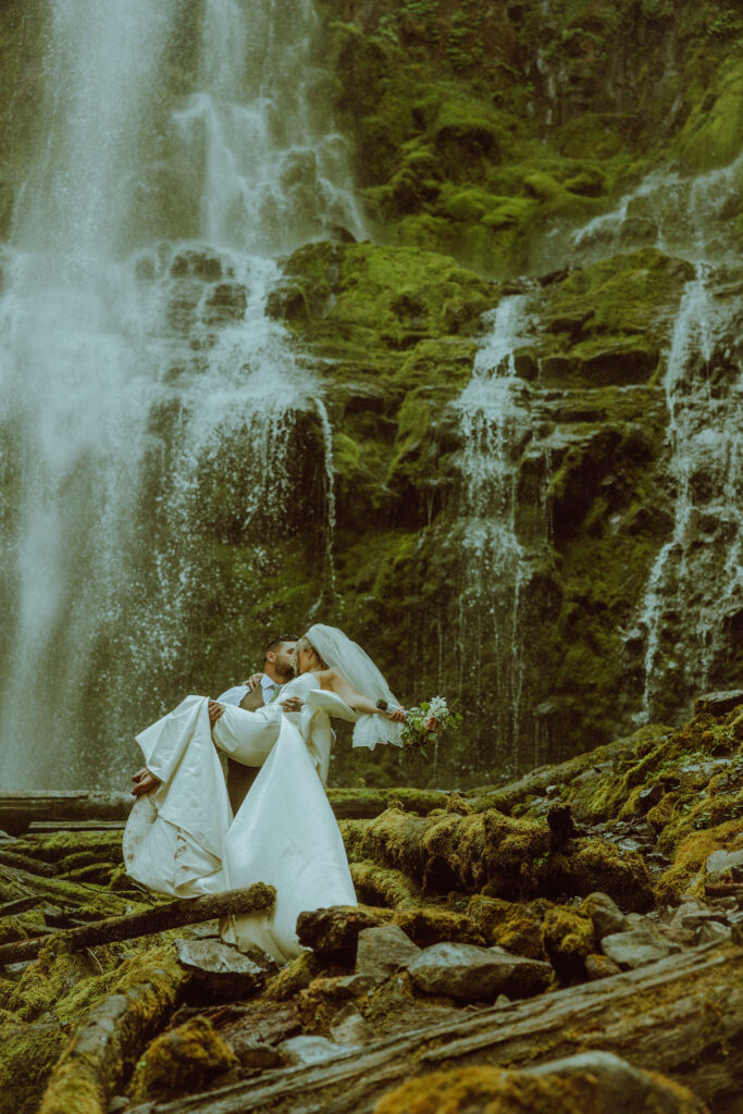 bend bride and groom at their proxy falls elopement in oregon 