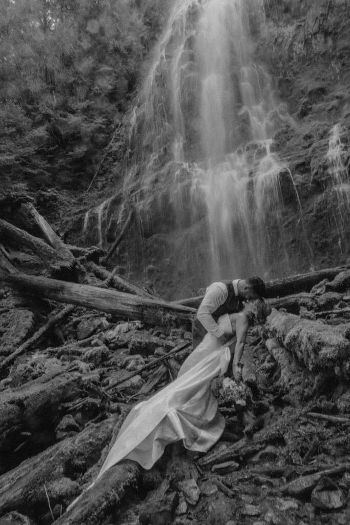 bend bride and groom at their proxy falls elopement in oregon 