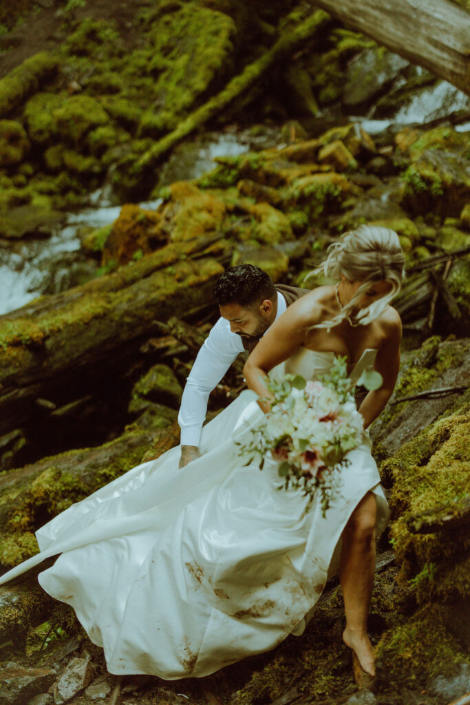 bend bride and groom at their proxy falls elopement in oregon 