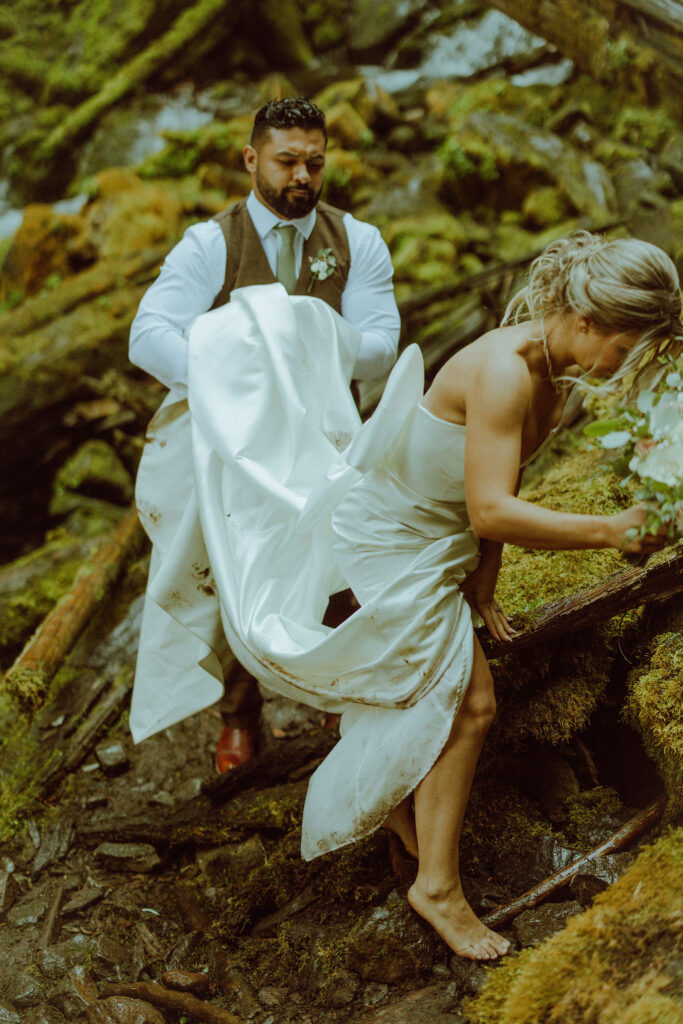 bend bride and groom at their proxy falls elopement in oregon 