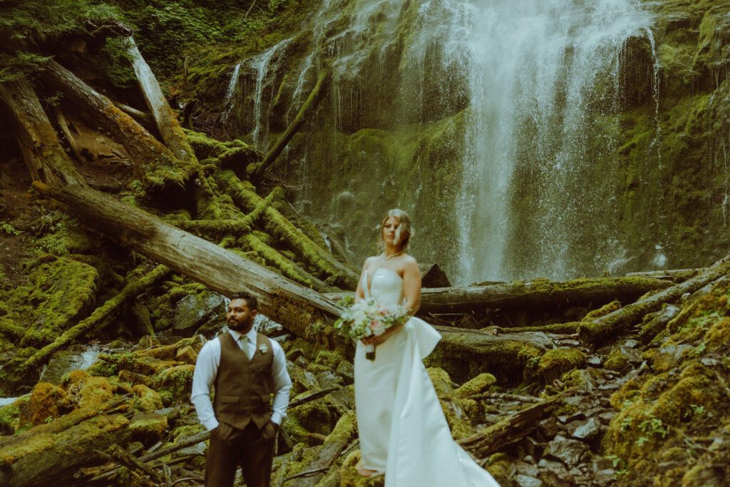 bend bride and groom at their proxy falls elopement in oregon 