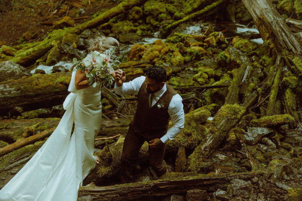 bend bride and groom at their proxy falls elopement in oregon 