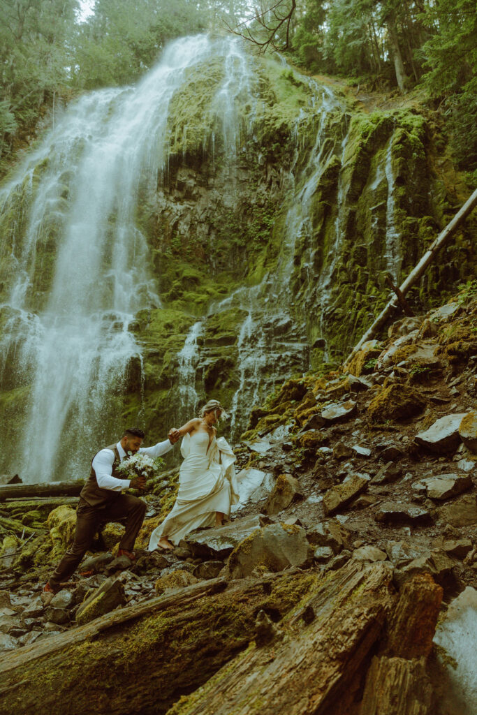 bend bride and groom at their proxy falls elopement in oregon 