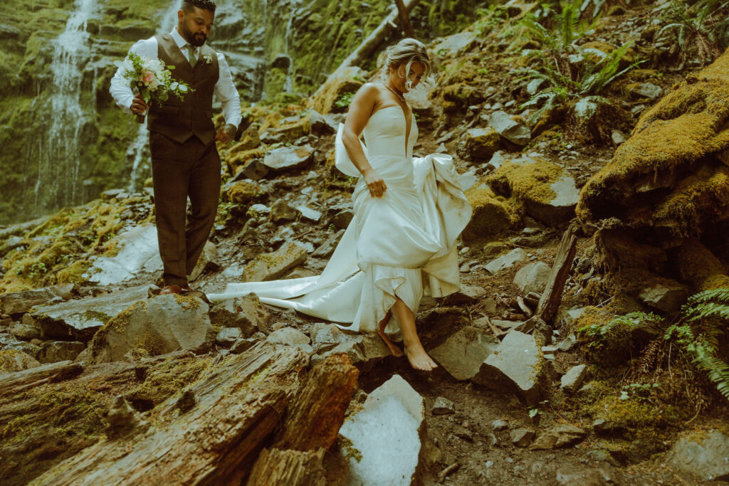 bend bride and groom at their proxy falls elopement in oregon 