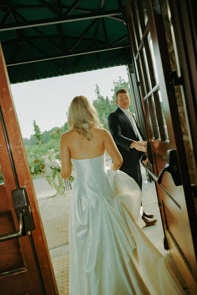 bride and groom at crater lake lodge for destination elopement 