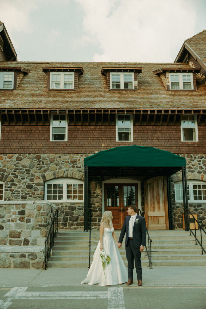 bride and groom at crater lake lodge for destination elopement 