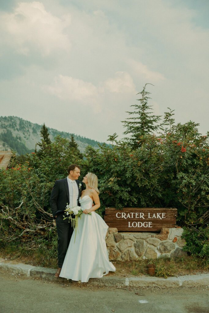 bride and groom at crater lake lodge for destination elopement 