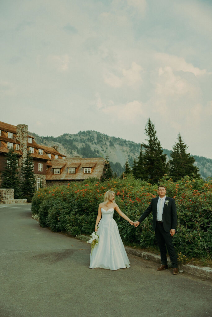 bride and groom at crater lake lodge for destination elopement 