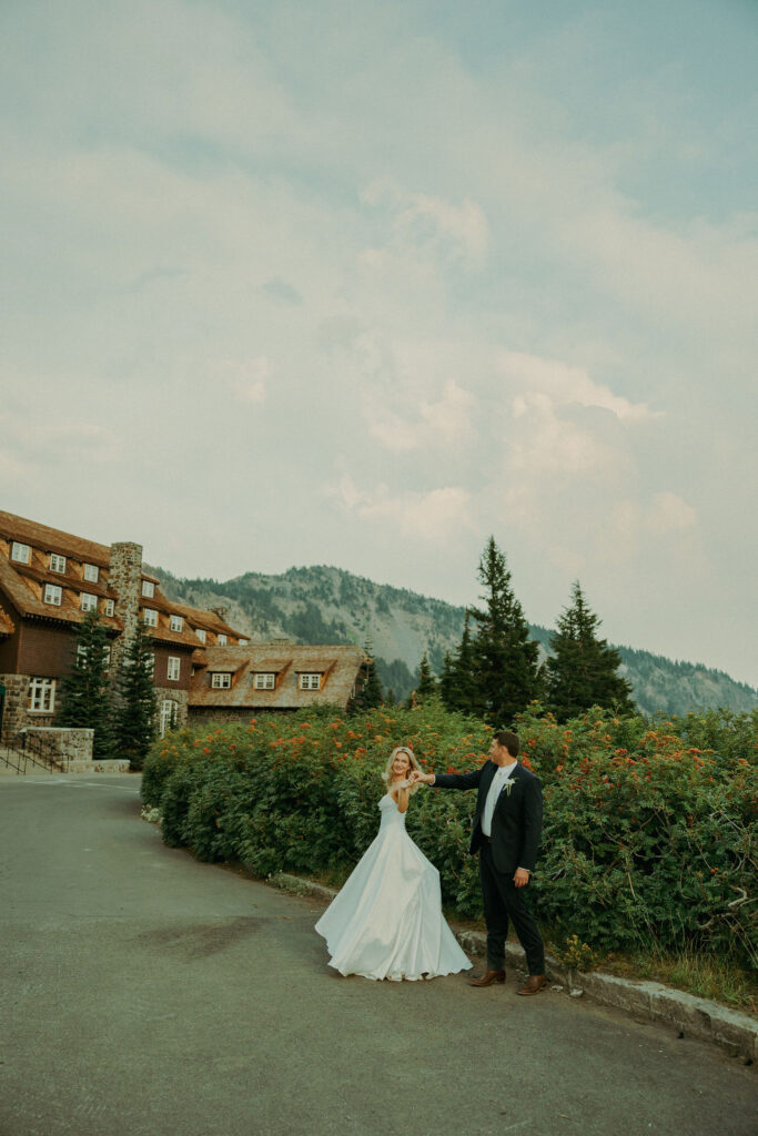 bride and groom at crater lake lodge for destination elopement 