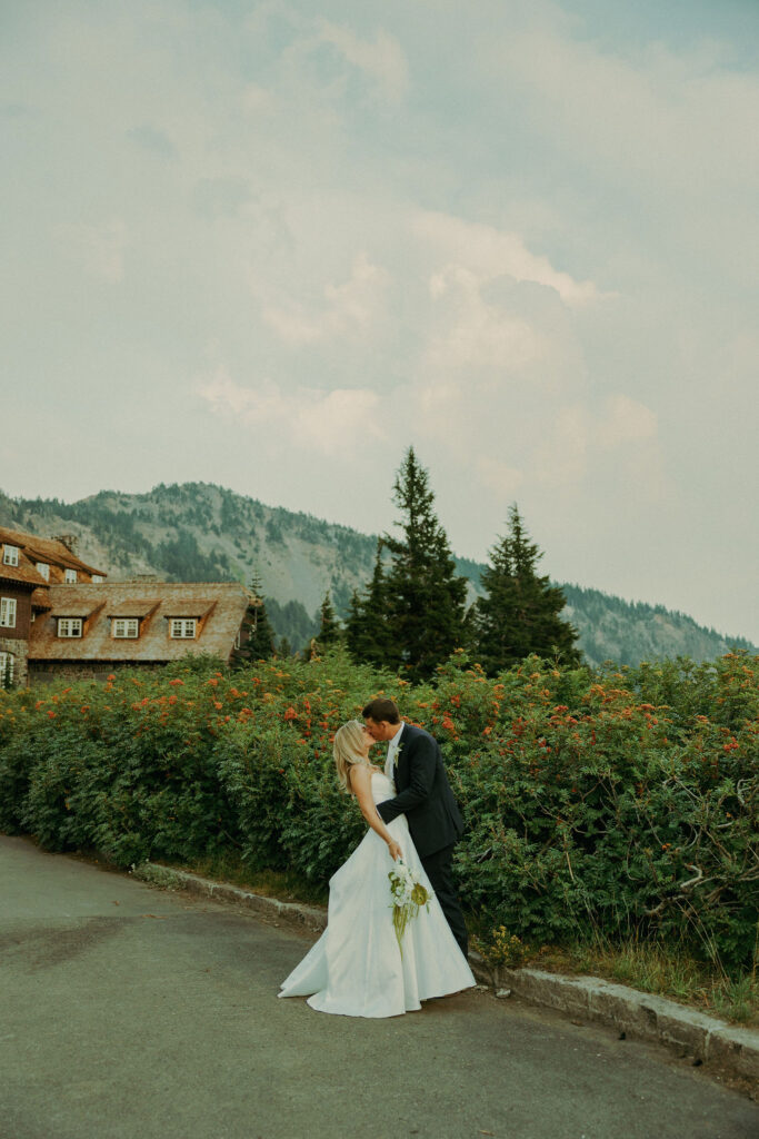 bride and groom at crater lake lodge for destination elopement 