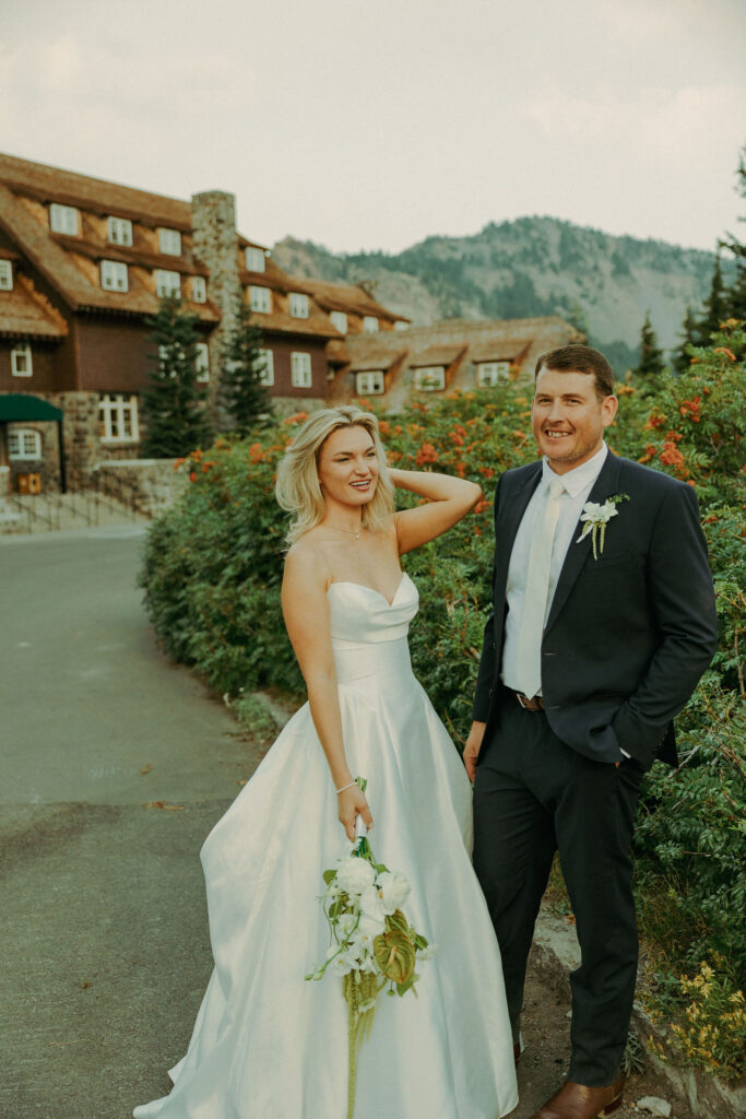 bride and groom at crater lake lodge for destination elopement 
